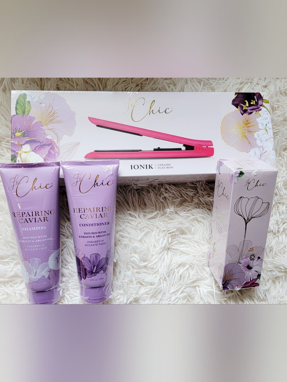 Le Chic 4-Piece Bundle: Repairing Caviar Set, Elixer Drops And Ceramic Flat Iron